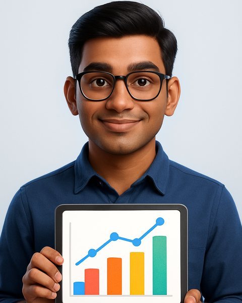 Arjun, an AI marketing employee for diagnostic centres, holding a tablet with growth charts, creating SEO blogs and ad creatives