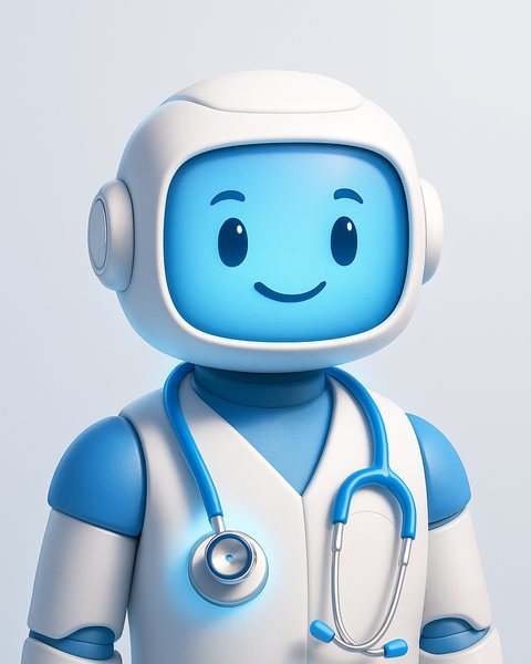 Dr. TOBO, a friendly medical AI robot radiology copilot with a stethoscope, drafting radiology reports for a radiologist to sign