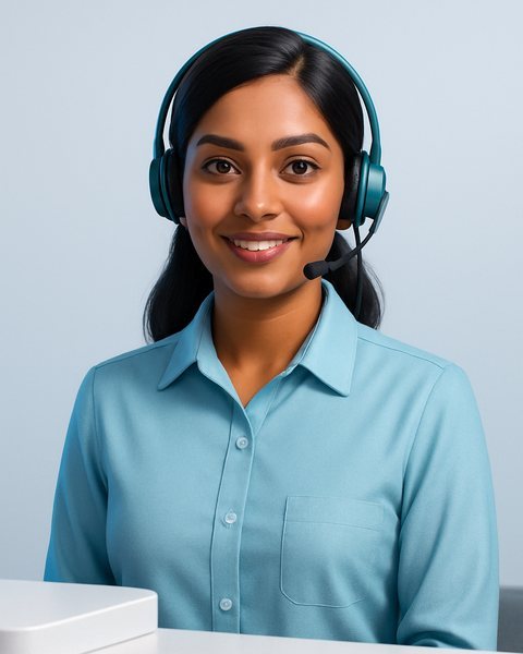 Maya, an AI front desk receptionist for Indian clinics and diagnostic centres, wearing a teal headset, answering patient WhatsApp messages 24/7