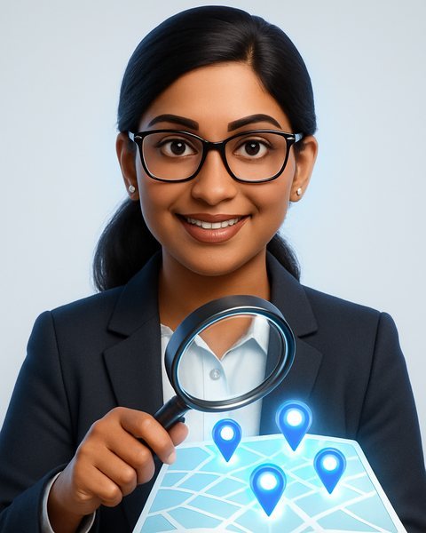 Kavya, an AI referral and lead finder for hospitals and imaging centres, examining a map of prospective referring doctors