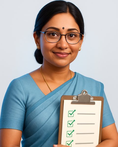 Meera, an AI report follow-up and collections employee in a blue saree, holding a checklist of pending radiology reports and payments